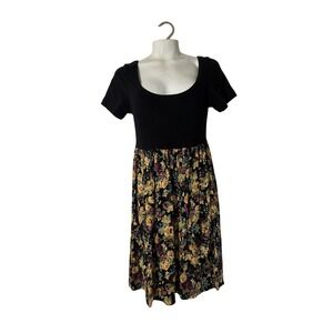 VTG Marian & Maral Black Floral Empire Waist Scoop Neck Dress 90s Babydoll Small